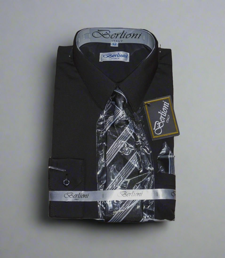 Berlioni Boy's Dress Shirt + Necktie & Hankey Set