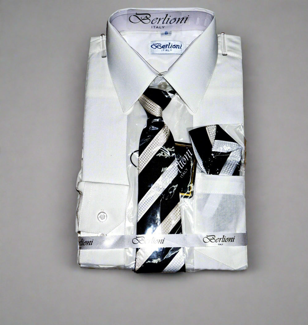 Berlioni Boy's Dress Shirt + Necktie & Hankey Set