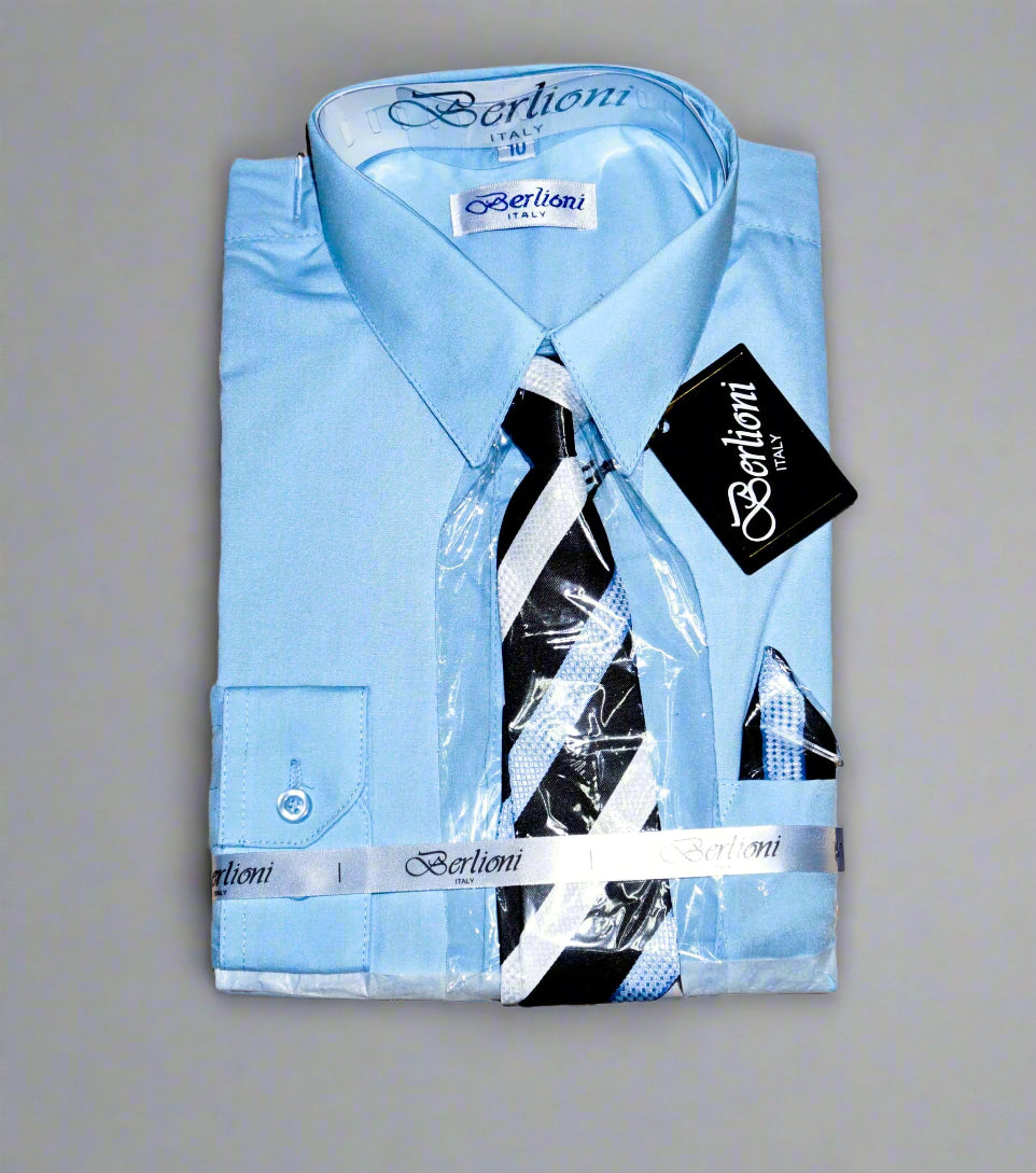 Berlioni Boy's Dress Shirt + Necktie & Hankey Set